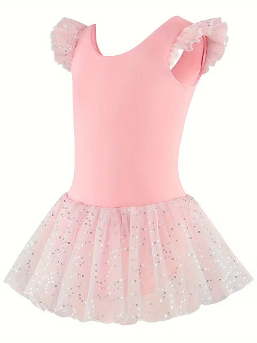 Child's Dance Dress with Sequin Skirt and Flutter Sleeves
